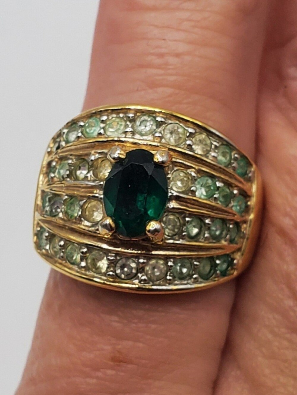 Vintage Cocktail Ring ESPO 14kt GE Rhinstone Blue Gteen Size 6